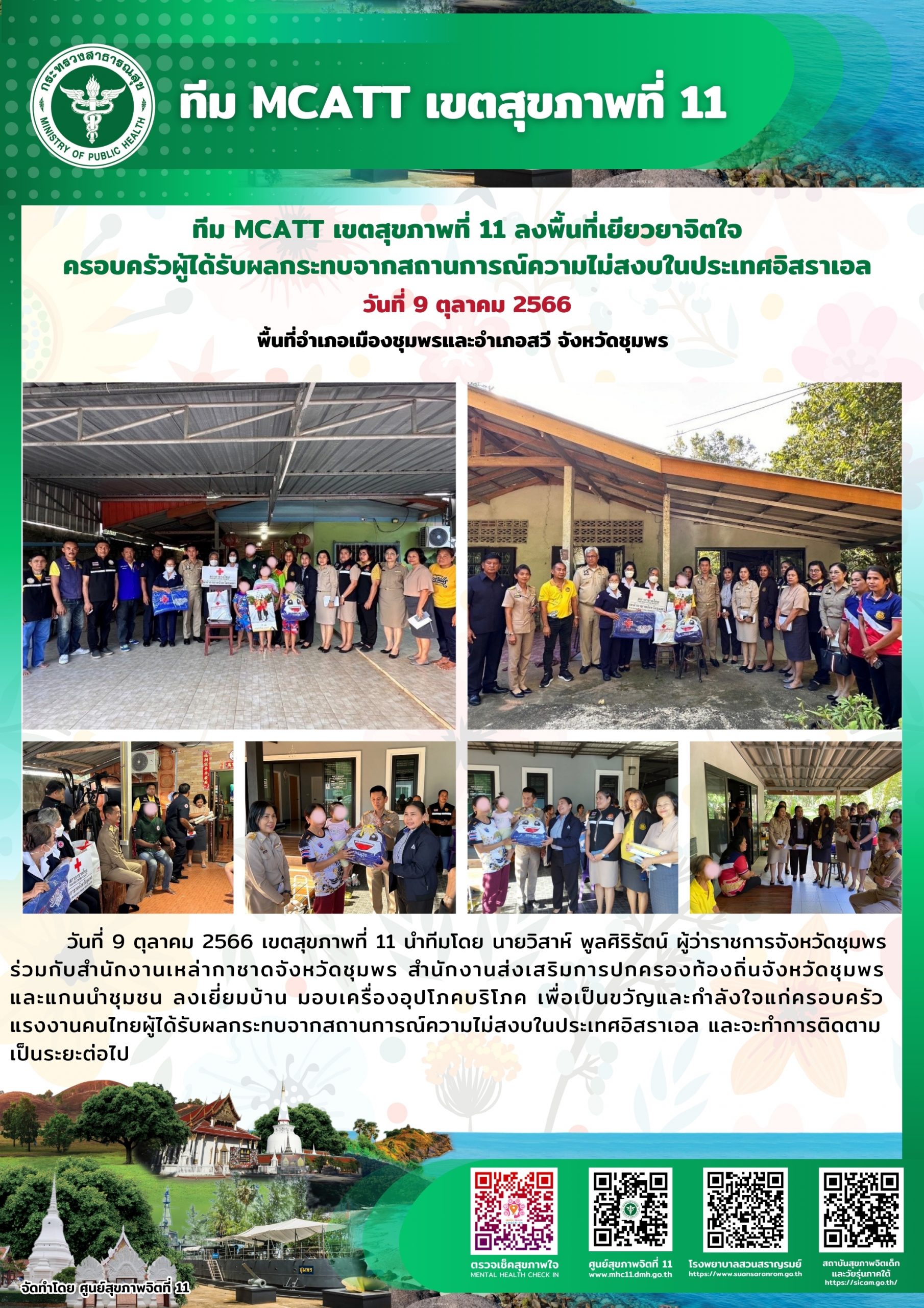 ทีม MCATT เขตสุขภาพที่ 11 ลงพื้นที่เยียวยาจิตใจครอบครัวผู้ได้รับผลกระทบจากสถานการณ์ความไม่สงบในประเทศอิสราเอล อำเภอเมืองและอำเภอสวี จังหวัดชุมพร 9 ตุลาคม 2566