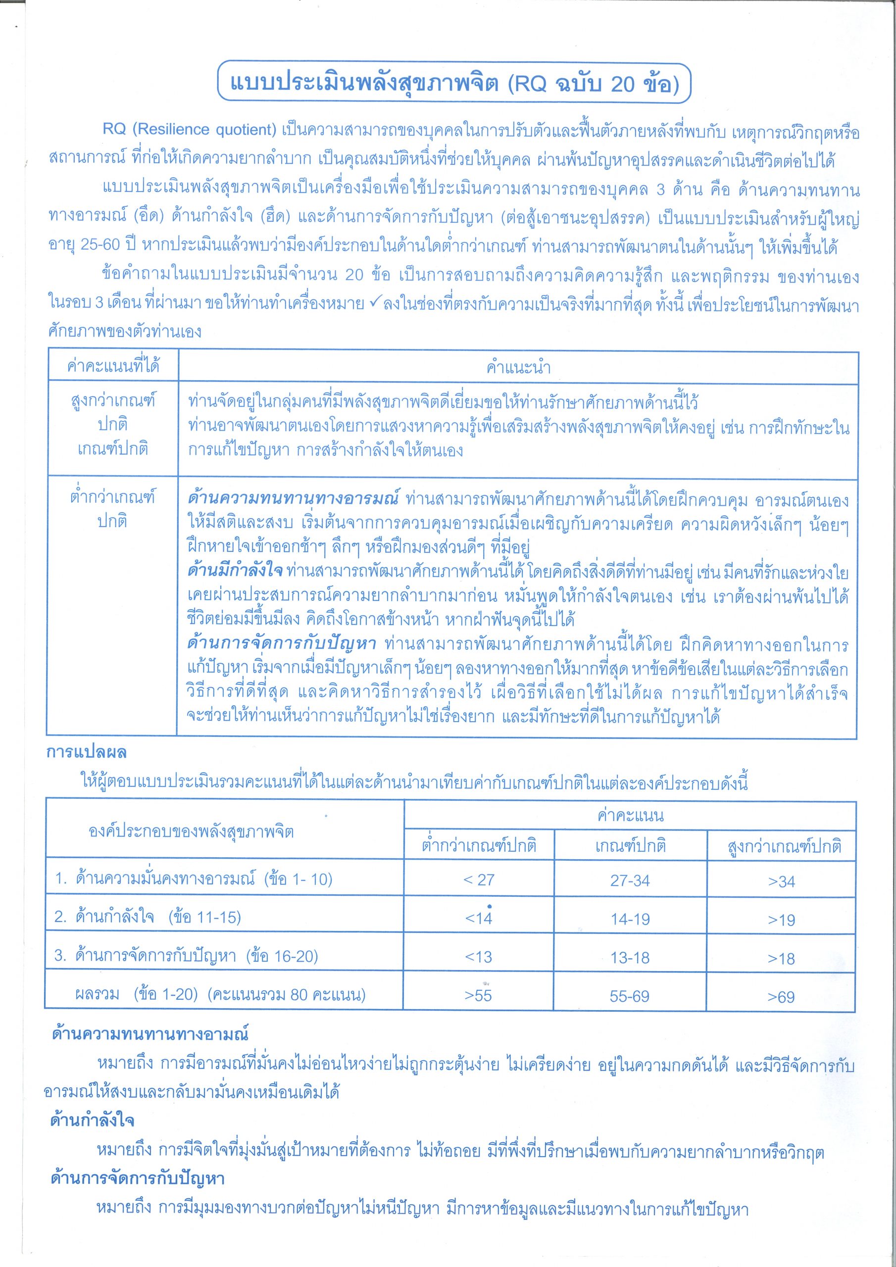 แบบประเมินพลังสุขภาพจิต (RQ ฉบับ 20ข้อ)